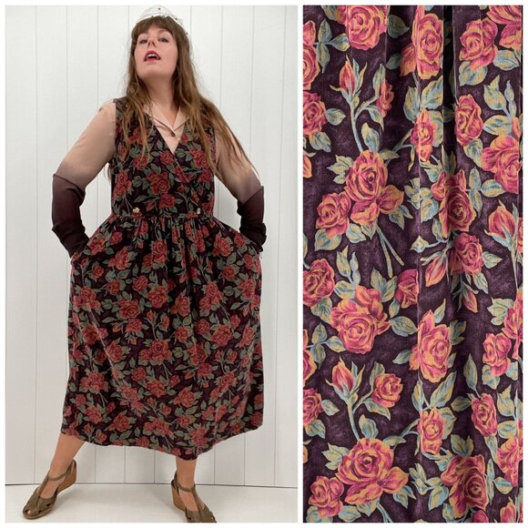 Vintage Dresses & Skirts - Vintage 90s Eddie Bauer Dark Floral Corduroy Midi Jumper Dress | Size S/M